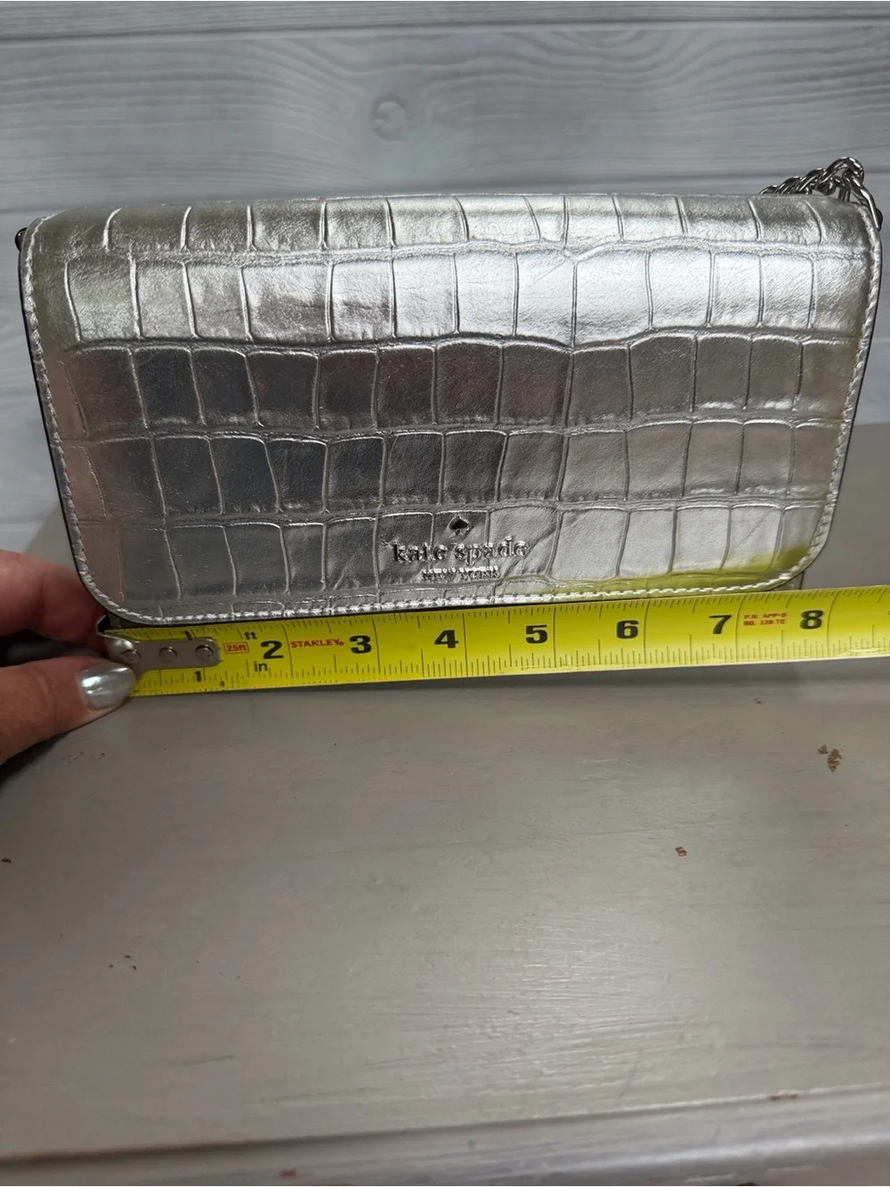 kate spade Metallic Silver Croc-Embossed Chain Crossbody Bag